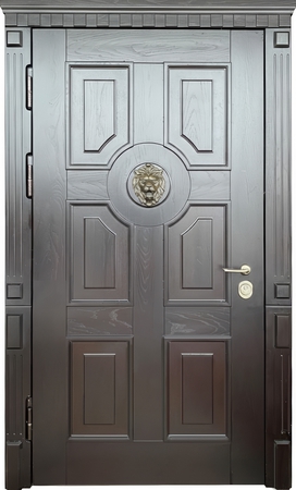 Стальная термодверь с отделкой МДФ со шпоном, карнизом и объемным элементом лев
