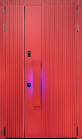 Современная полуторная дверь с отделкой красными плитами МДФ RAL и бугельной ручкой с подсветкой